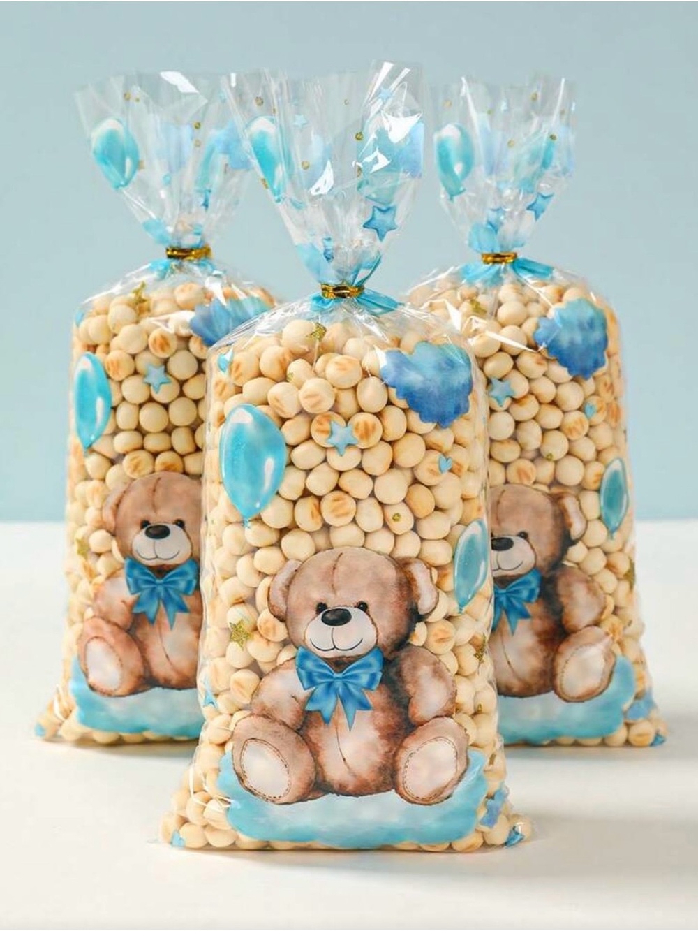 25pcs Cute Blue Teddy Bear Treat Bags – Clear Cellophane Party